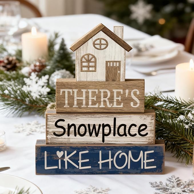 4 Pcs Christmas Table Decor Winter house Wooden Table Decorations Rustic Signs Tiered Tray Decor Wood Farmhouse Vintage Ornaments Winter Christmas Gift for Kitchen Home Desk