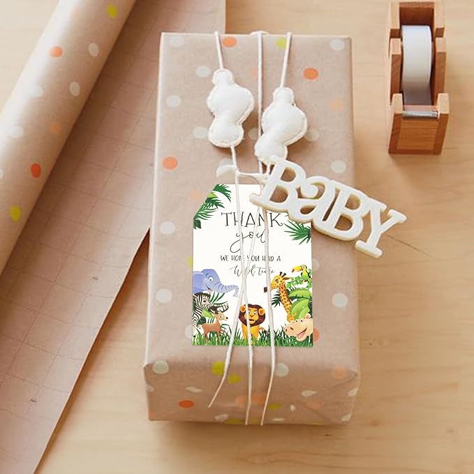 G2PLUS Jungle Safari Thank You Tags, 50PCS Animal Thank You Paper Tags, Wild Animals Thank You Gift Tag with String for Jungle Safari Birthday, Engagement, Baby Shower Party Favors (Green)