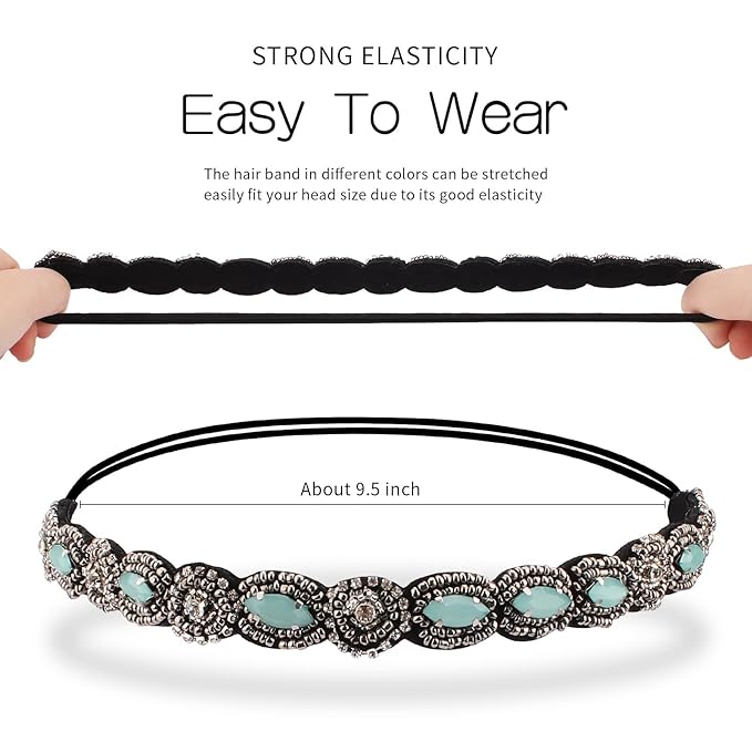 AMCAMI 5Pcs Rhinestone Beaded Headbands for Women Elastic Head Wraps Handmade Crystal Bling Hairbands for Girls Vintage Hair Accessories Party Daily Headwear (C)