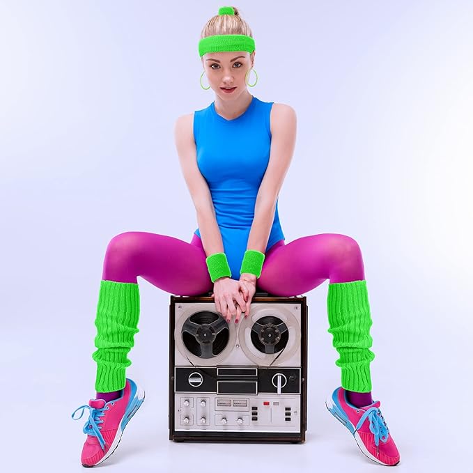 80s Women Neon Leg Warmers Headband Wristbands Earrings Hair Rings Fanny Pack Set Knit 80s Women Neon Accessories (Green)