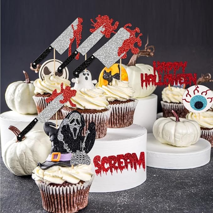 25pcs Have a Killer Halloween Cake Toppers Glitter Scream Cupcake Toppers Ghost Face Decorations for Scream Theme Birthday Halloween Party Cake Decorations Supplies