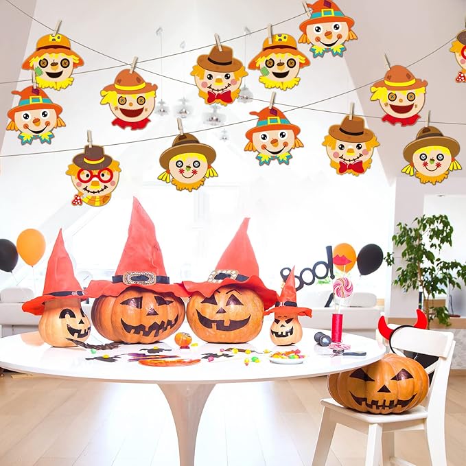chiazllta 30 Pcs Thanksgiving Fall Crafts for Kids DIY Scarecrow Craft Kits Kindergarten Autumn Art Craft Make Your Own Scarecrow Head Set for Home Class Game Activities Preschoolers