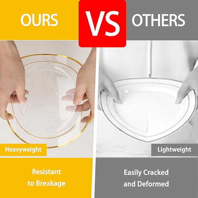 GATHER 350PCS Clear Gold Plastic Plates - Disposable Gold Dinnerware Sets Includes 100 Gold Rim Plastic Plates, 150 Silverware, 50 Napkins, 50 Cups for Party, Wedding & Birthday & Thanksgiving