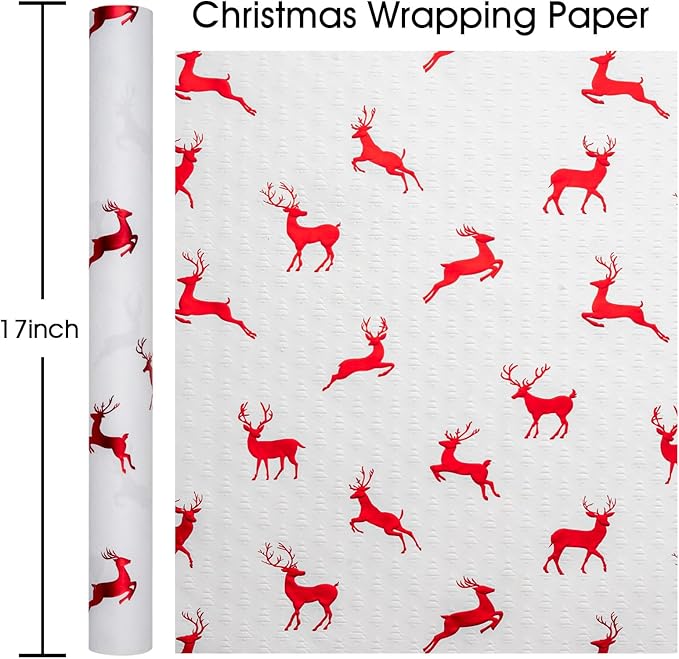 Garbendy Christmas Wrapping Paper Roll- 17 Inch X 32.8 Feet - Embossing 3D Trees Printed in White with Red Foil Reindeer Design for Christmas, Birthday, Baby Shower, Bridal Shower, Party
