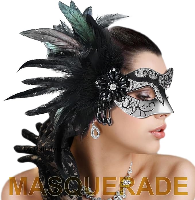 Masquerade Mask for Women Shiny Venetian Mask for Halloween Mardi Gras Costume Party Ball with Feather flower dec.