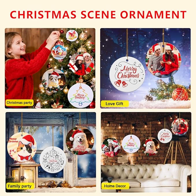 25 Pack Ceramic Sublimation Ornament Blank 3 inch Round Crafting DIY Personalized Printed Christmas Decorations Home Bulk White Porcelain Xmas Tree Crafts Decor