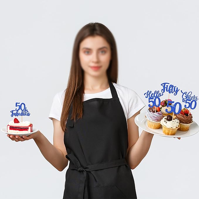 30PCS Happy 50th Birthday Cupcake Toppers Glitter Hello 50 Fabulous Fifty Cheers to 50 Years Old Birthday Cupcake Picks for Happy 50th Birthday Anniversary Party Cake Decorations Supplies Blue
