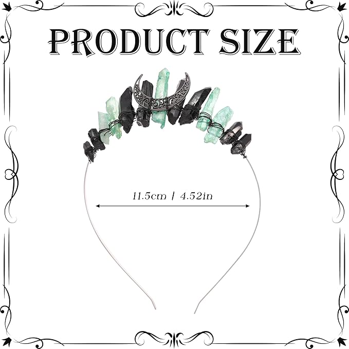 Witch Crystal Headband Crown for Women - Medieval Green Black Quartz Tiara with Moon, Fairy Elf Circlet Viking Celtic Headpiece for Renaissance Cosplay Halloween Headwear