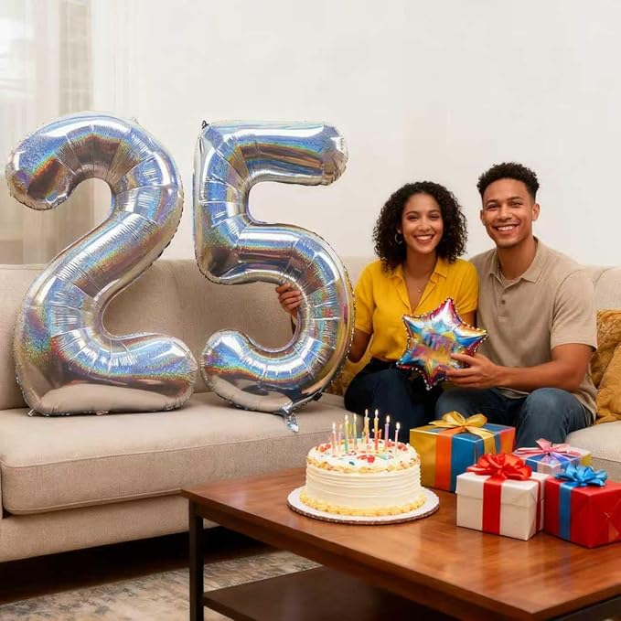 Laser Silver Number 25 Balloons 40 Inch Giant Number Silver 25 Foil Mylar Balloons for 25th Birthday Anniversary Events Party Decorations