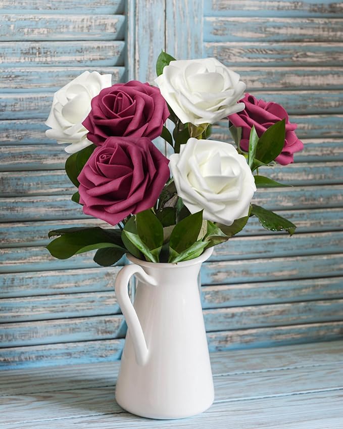 Artificial Flowers Realistic Roses, Real Looking Fake Roses with Stem for DIY Wedding Bouquets Centerpieces Bridal Shower Party Home Romantic Decorations (White & Wine Red, Regular 3" - 200pcs)