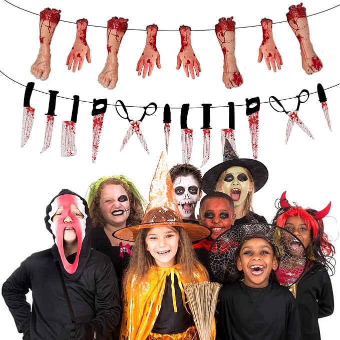 Halloween Horror Outdoor-Indoor Party-Decorations Supplies - 4pcs Creepy Fake Knife Hanging Banner,Spooky Home Streamers Garland,Haunted Mansion Room Wall Backdrop Decor Burgleda