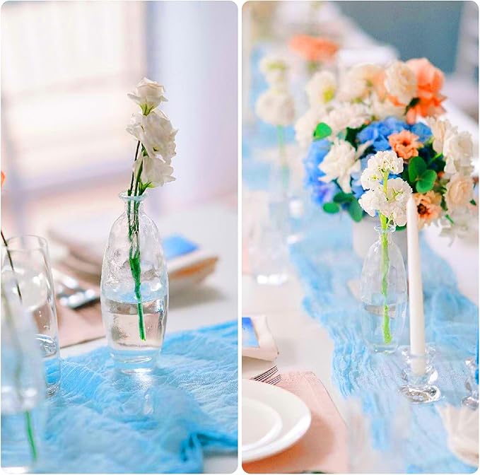 12 Pack Baby Blue Cheesecloth Table Runner 10FT Boho Gauze Fabric Table Runner 35 x 120 Inch Rustic Sheer Runner for Centerpiece Wedding Decor Party Boho Table Decoration(Baby Blue)