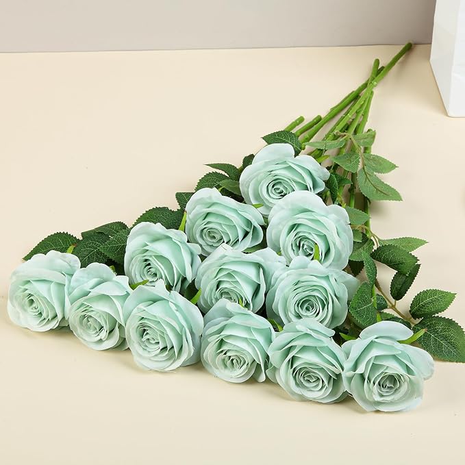 12pcs Roses Artificial Flowers Fake Roses Sage Green Silk Roses White Silk Flowers Rose with Long Stems for Wedding Home Party Centerpieces Decorations