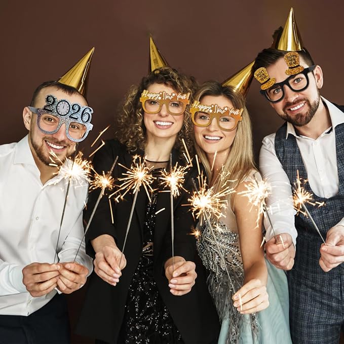 PRETYZOOM 9 Pack 2026 Happy New Year Glasses, 3 Colors Nye Party Favors Supplies, Holiday Eyewear Sunglasses, Photo Booth Props, New Years Eve Decorations Accessories Gifts