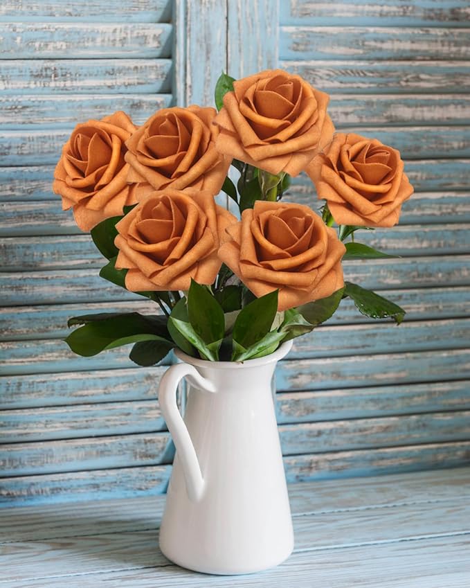 50Pcs Gold Sparrow Artificial Flowers Realistic Roses, Real Looking Fake Roses with Stem for DIY Wedding Bouquets Centerpieces Bridal Shower Party Home Romantic Decorations (Gold Sparrow, 50pcs)