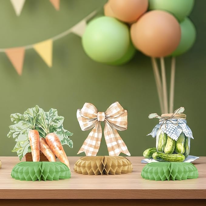 Locally Grown Baby Shower Centerpieces – 12 PCS Farmers Market Honeycomb Table Decorations, Rustic Veggie Theme with Green Gingham Accents