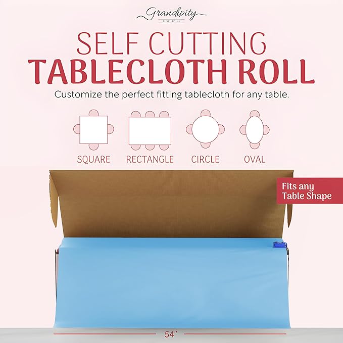 Grandipity Plastic Tablecloth Roll - 54in x 100 Ft. Sky Blue Plastic Table Cloths for Parties Disposable with Cutter Box - Cut to Size Disposable Tablecloth Table Cover for Rectangle & Round