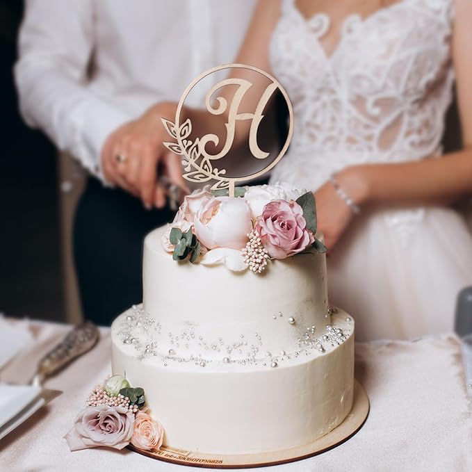 LINGTEER Personalized Inital Letter H Wooden Cake Topper Perfect for Birthday Rustic Wedding Anniversary Party Keepsake Decoration
