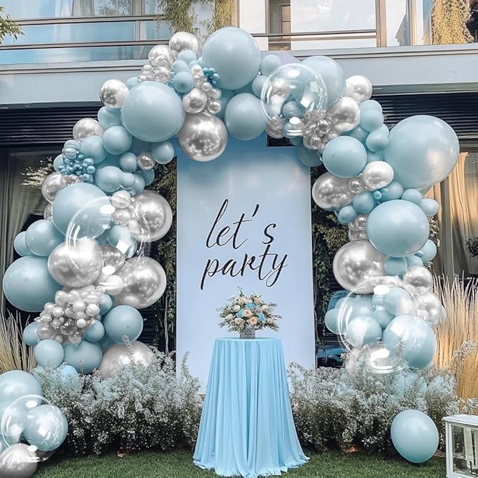Pearl Blue Balloon Arch Double Stuffed Pastel Light Baby Blue Metallic Balloon Garland Kit Different Sizes 12/10/5in With Clear Bobo Balloons for Birthday Wedding Bridal Baby Shower Summer Party Decor