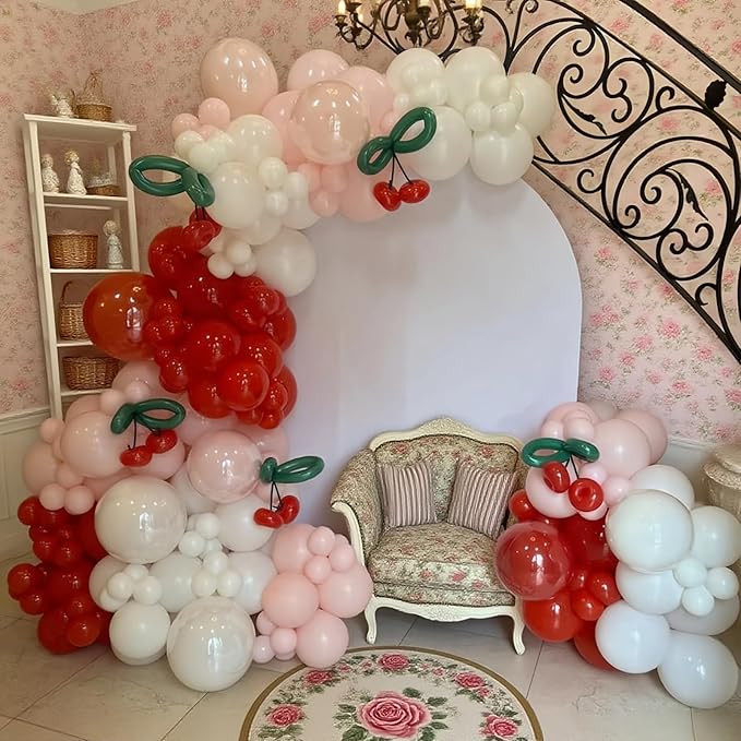 Cherry Balloon Garland Arch Kit, 134Pcs Pink and White Red Balloons Garland for Cherry Themed Birthday Princess Party Baby Shower Wedding Galentine's Bridal Shower Party Decorations