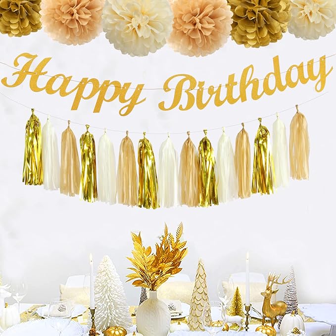 White-Gold Champagne Birthday Party Decorations - 27pcs Tissue Pom Poms Streamers,Christmas Tassel Garland,1st,2nd,10th,13th,18th,25st,30th,40th,50th Neutral Happy Birthday Banner Decor Panduola