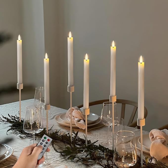 Homemory Waxy Flameless Taper Candles with Remote Timer Dimmer, Battery Operated Candlesticks Flickering, LED Window Candles Realistic, 9.6 Inches for Christmas Wedding Indoor Decor, White, 6 Pcs