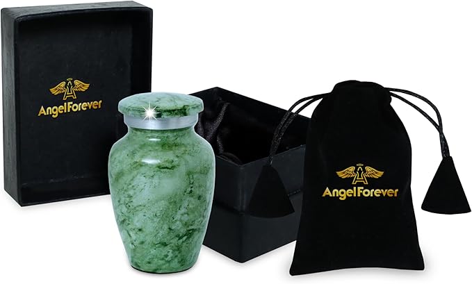 Small Keepsake Urn for Human or Pet Ashes – Handcrafted Light Green Marble Mini Urn with Velvet Bag & Gift Box | Durable Metal Memorial Token Jar for Baby, Infant, Pet or Loved One – 3 Cu in