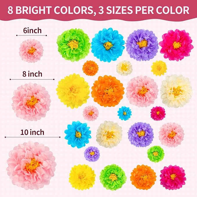 24 Pcs Mexican Paper Flowers, Fiesta Paper Flowers, Colorful Tissue Flower for Carnival, Party Backdrop, Wedding, Birthday Party, Craft Wall Decor, Baby Shower(8 Colors 6" 8" 10")