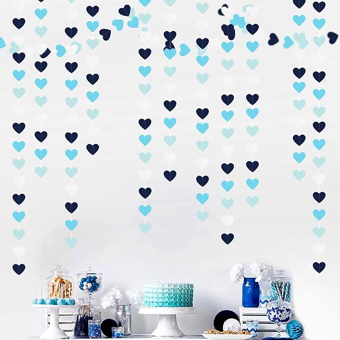Light-Navy Blue White Party-Decorations Heart-Garland - 52ft Bridal Shower Hanging Streamers,Birthday Bachelorette Valentines Baby Wedding Engagement Under The Sea Frozen Backdrop Decor Burgleda