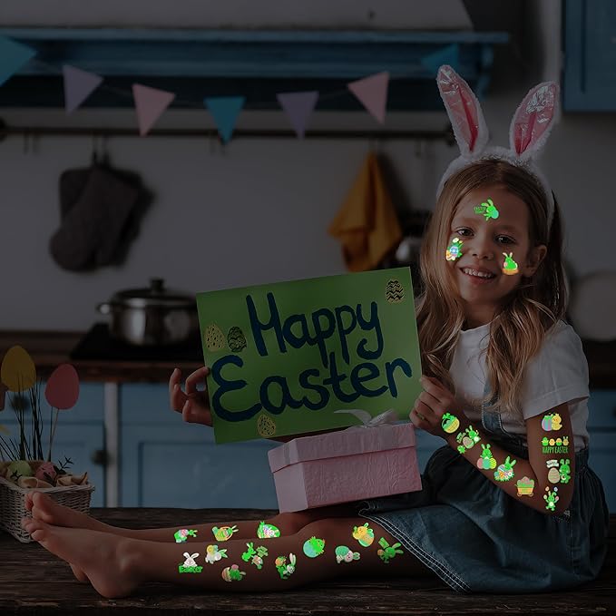 150 PCS Luminous Easter Tattoos for Kids, 25 Styles Glow Easter Stickers for Easter Basket Stuffers, Waterproof Easter Temporary Tattoos with Bunny Egg Chick for Easter Basket Filler Party Favors