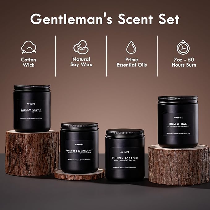 Winter Candle Gift Set for Men – 4 Pack Soy Candles with Balsam Cedar, Teak & Mahogany, Whiskey Tobacco, Rum & Oak – Masculine Scented Candles for Home, Christmas Gift Set for Dad Fathers Day