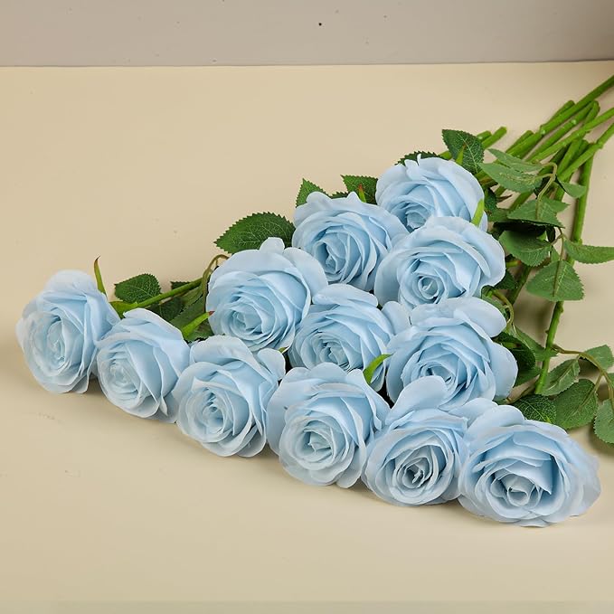 12pcs Roses Artificial Flowers Fake Roses Baby Blue Silk Roses White Silk Flowers Rose with Long Stems for Wedding Home Party Centerpieces Decorations