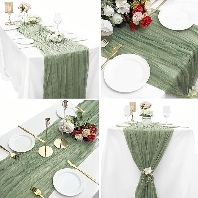 24 Pack Cheesecloth Table Runner, 35 x 120 Inch Boho Gauze Sage Green Table Runner 10ft Rustic Sheer Cheese Cloth Table Decor for Wedding Baby Bridal Shower Birthday Party Table Decoration