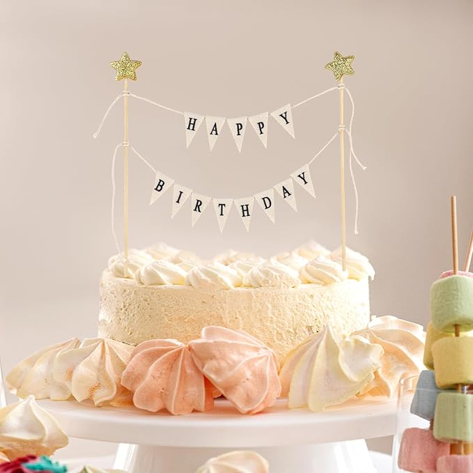 Happy Birthday Cake Banner Personalized Toppers, Handmade Linen Pennant Flags With 7.9 in Bamboo Polls, Party Decoration Supplies for Cakes Cupcakes