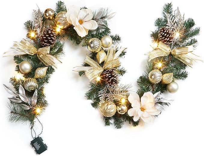 GarveeHome 6 ft Christmas Garland with Lights for Mantle, Lighted Battery Operated Christma Garland with Gold Balls Pine Cones Magnolia Flowers for Table Centerpiece Fireplace Window Outdoor Decor