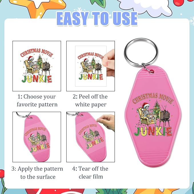 Christmas UV DTF Stickers - 80 Sheets Christmas Skeleton UV DTF Decals for Motel Keychain, Xmas Skull Rub on Transfer Stickers, DIY Hotel Keychain Blank Personalized Crafts