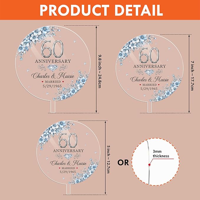 Personalized 60th Wedding Anniversary Acrylic Cake Toppers, 60 th Anniversary Decorations, 60th Wedding Anniversary Decor