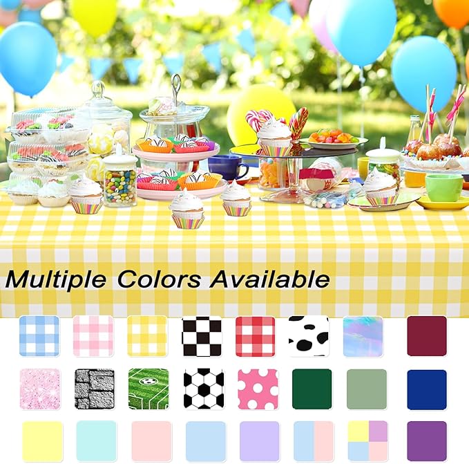 WNINK 4 Pack Light Yellow Gingham Rectangular Plastic Tablecloths, Yellow and White Checkered Disposable Table Covers 54" x 108" for Birthday, Wedding, Bridal Shower, Outdoor Picnic Camping Parties