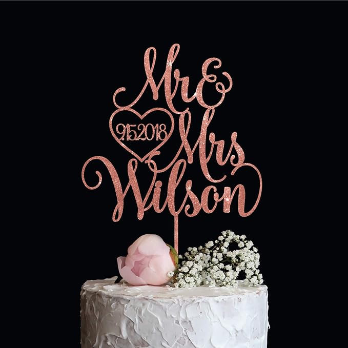 Rose Gold Mr & Mrs Wedding Cake Topper with Last name and Date, Elegant Custom Mr and Mrs Cake Topper, Personalised cake topper also available in Gold, Silver or Champagne Glitter
