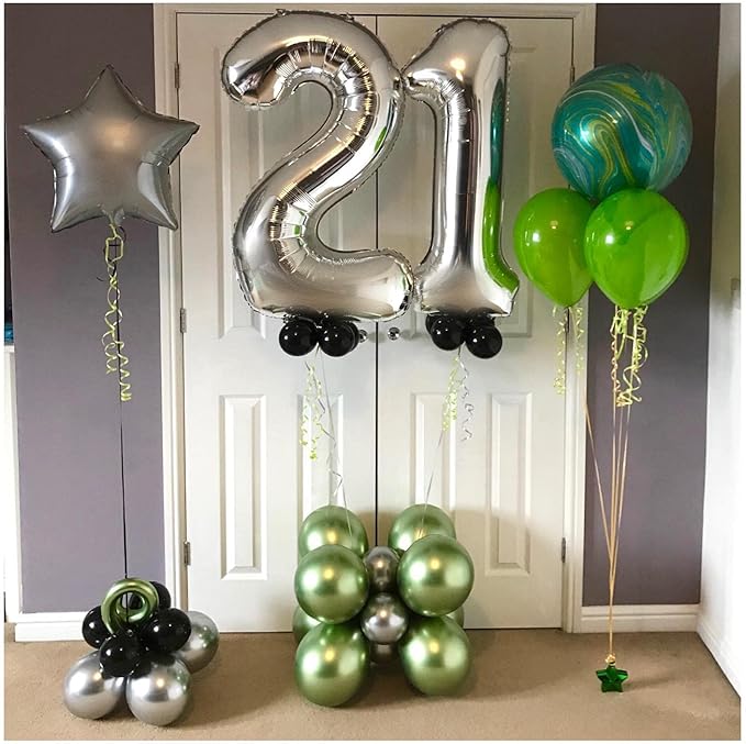 40 Inch Silver 21 Number Balloons Giant Jumbo Huge 12 or 21 Foil Mylar Helium Number Digital Balloons Silver Birthday Mylar Digital Balloons 12th 21st Birthday Anniversary Events Party Decorations