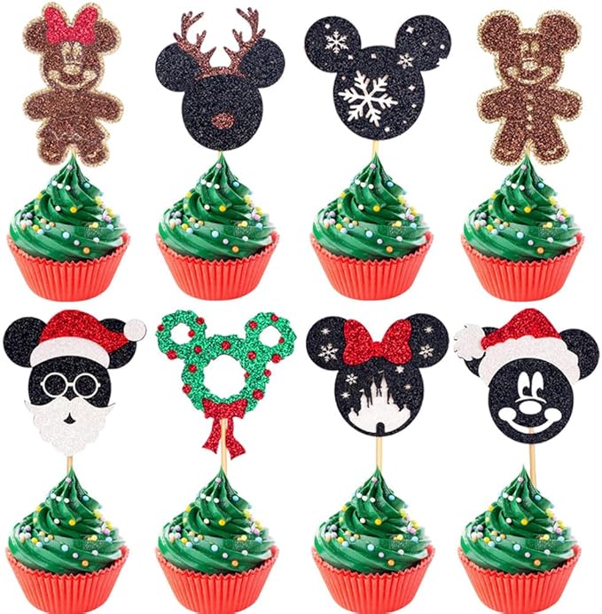 24Pcs Glitter Mouse Christmas Cupcake Toppers Gingerbread Cupcake Picks Santa Hat Elk Cake Decorations for Christmas Birthday Baby Shower New Year Xmas Party Supplies