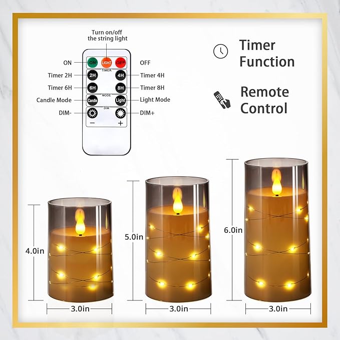 NURADA Flickering Flameless Candles: Built-in Star String Lights 3D Wick Acrylic Battery Operated LED Pillar Candles with Remote and Timer for Fall Halloween Christmas Home Decoration - 3 Pack Gray