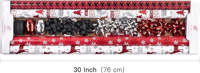 WRAPAHOLIC Christmas Wrapping Paper Set - Reindeer, Snowflake, Plaid Wrapping Paper Bundle with Gift Bow & Ribbon & Tag & Sticker