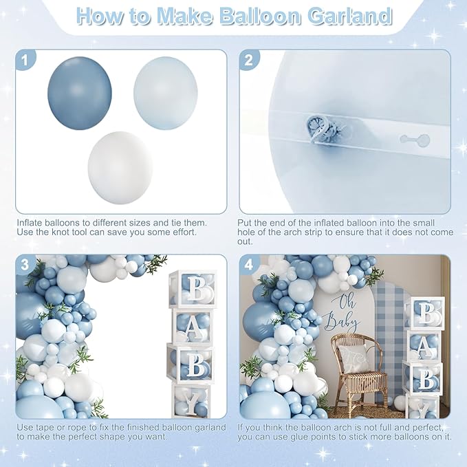 Dusty Blue Balloon Baby Shower Decorations for Boy, 132Pcs Blue Balloon Arch Garland Kit Baby Boxes with Letters for Boy Boho Baby Shower Gender Reveal Birthday Party Decorations