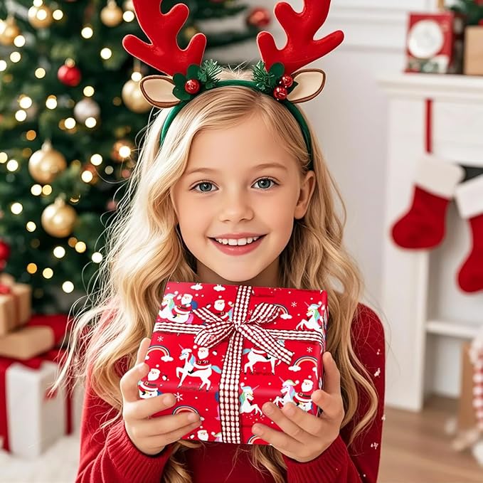 WRAPAHOLIC Reversible Unicorn Christmas Wrapping Paper - Mini Roll - 17 Inch x 33 Feet - Red Santa Claus, Unicorn Wrapping Paper and Stripe Design for Holiday, Party Celebration