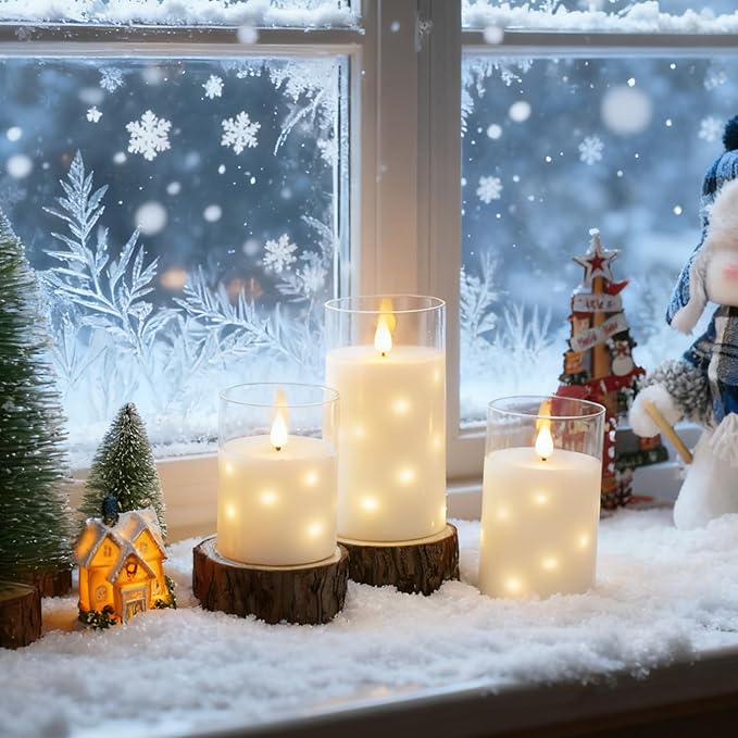 Real Wax Flameless Candles Glass,Battery Operated LED Candles with Flickering Flame,Glass Shell,Interior Star Light Decoration Set of 3 White (D3×H 4" 5" 6") for Home Decor,Holiday Decoration
