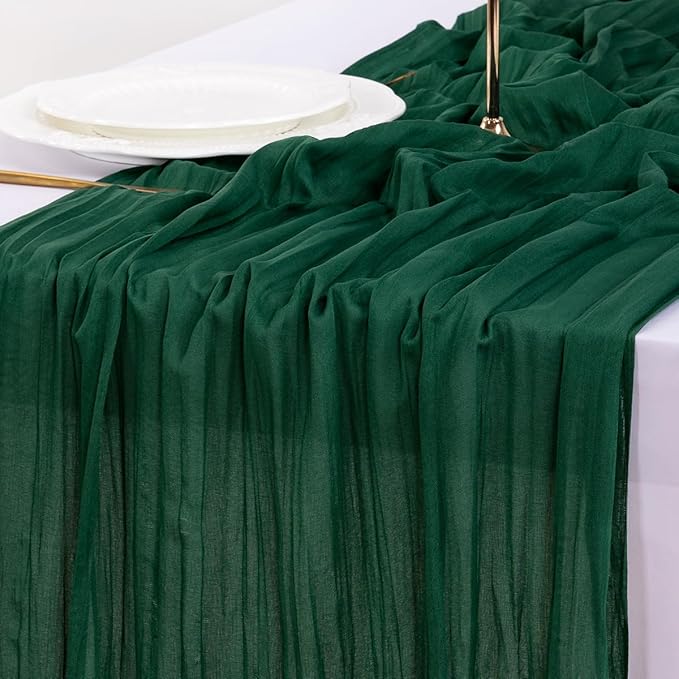 Socomi Emerald Green Cheesecloth Table Runner Fall Thanksgiving Boho Rustic Gauze 120 inch 10FT Cheese Cloth Runner for Wedding Party Baby Shower Birthday Home Decor Holiday Decorations