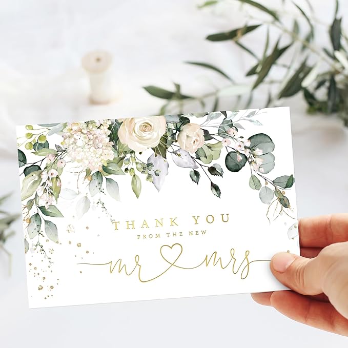 Whaline 50 Pack Floral Wedding Thank You Cards Flower with Eucalyptus Leaves Mr & Mrs Thank You Greeting Note Cards Boxed with Envelope Sticker for Bridal Shower
