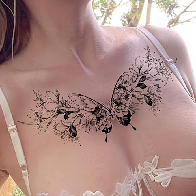 ROARHOWL Women Sexy Temporary Tattoo Sexy Tattoo Set Beautiful Exquisite 3D Realistic Flowers, Butterfly, Abdominate, Chest, Waist and Back Applied Fake Tattoo for Girls ((Design 2))