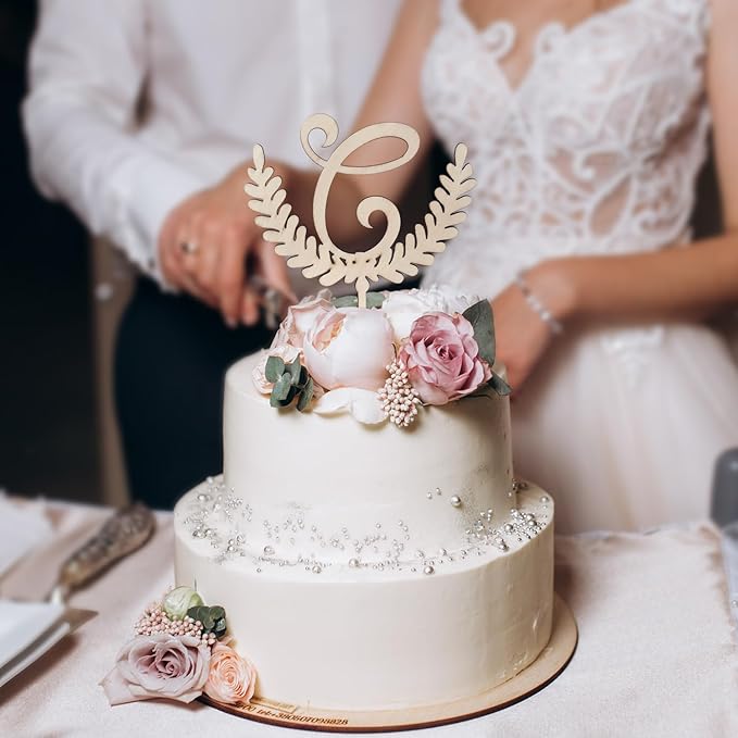 LINGTEER Personalized Inital Letter C Wooden Cake Topper Perfect for Birthday Rustic Wedding Anniversary Party Keepsake Decoration